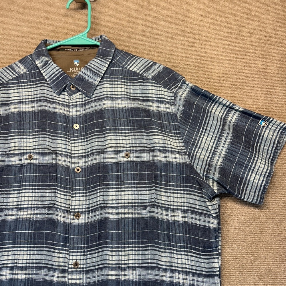 KUHL Skorpio Shirt Mens Large Short Sleeve Button Up Linen Cotton Blend Hike UPF